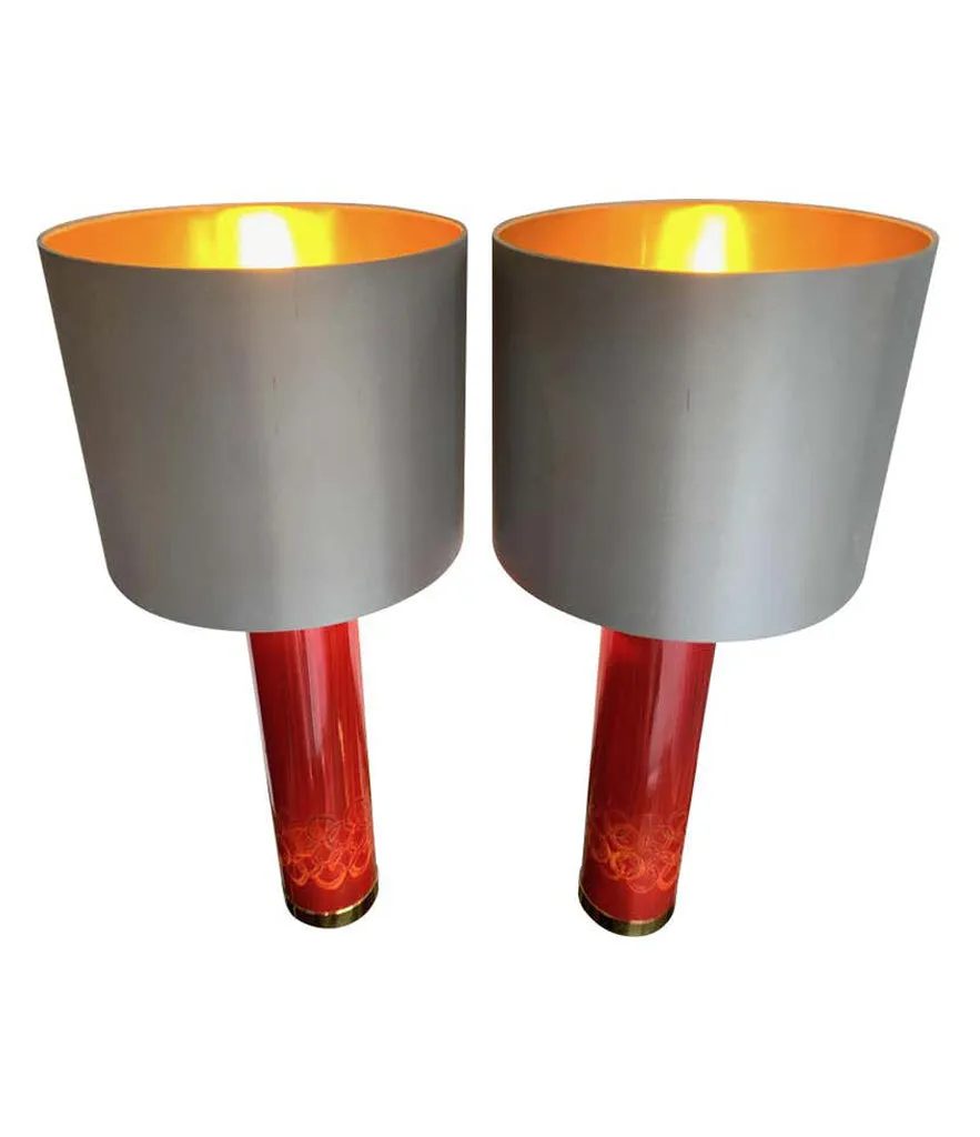 Lovely pair of Swedish red ceramic lamps brass fittings and new bespoke shades