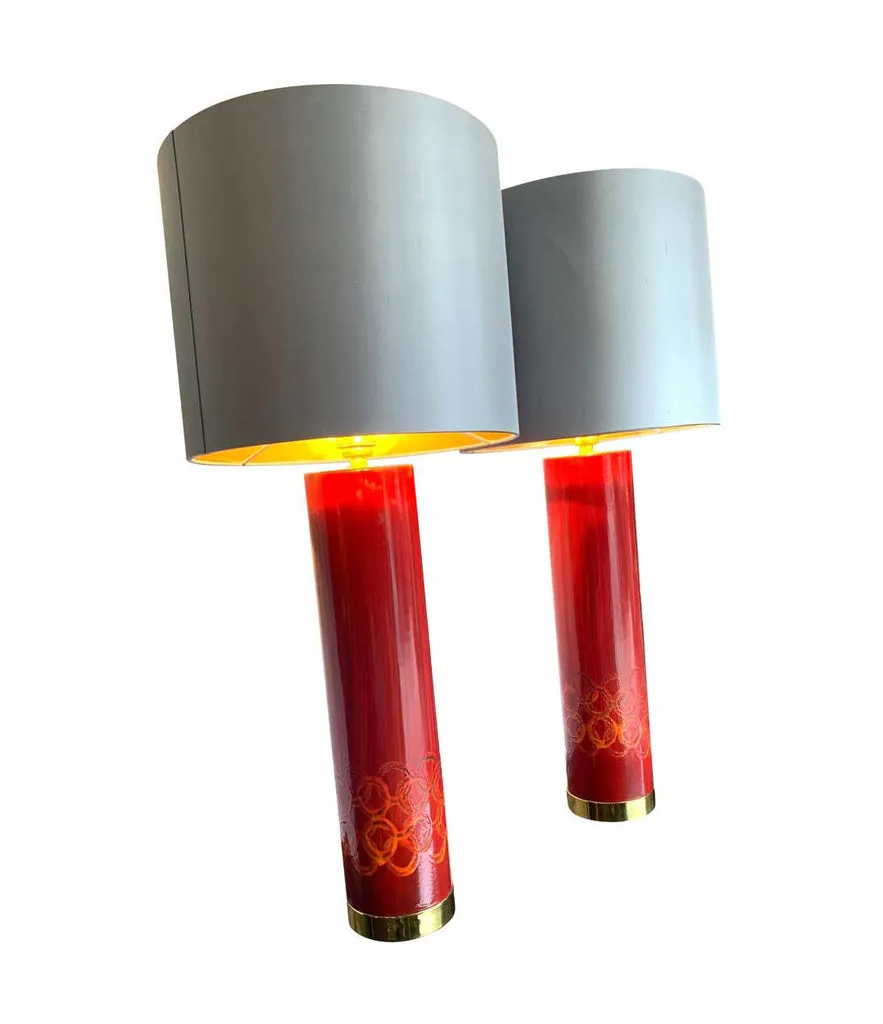 Lovely pair of Swedish red ceramic lamps brass fittings and new bespoke shades