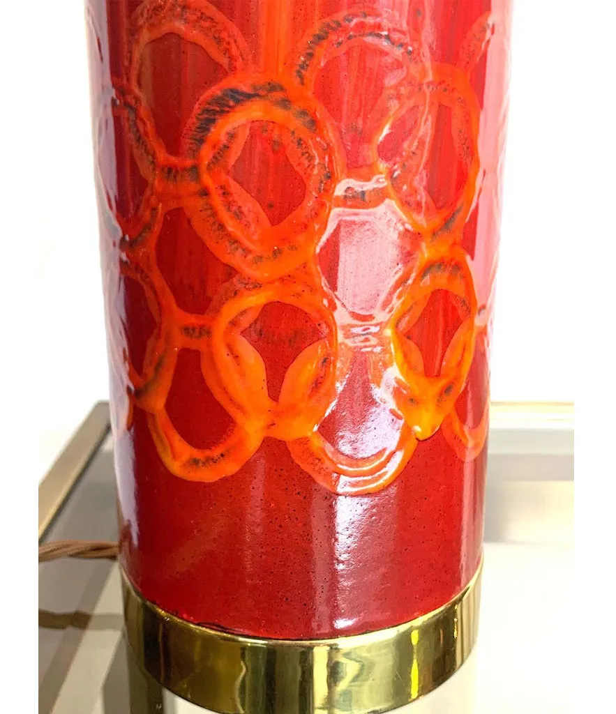 Lovely pair of Swedish red ceramic lamps brass fittings and new bespoke shades