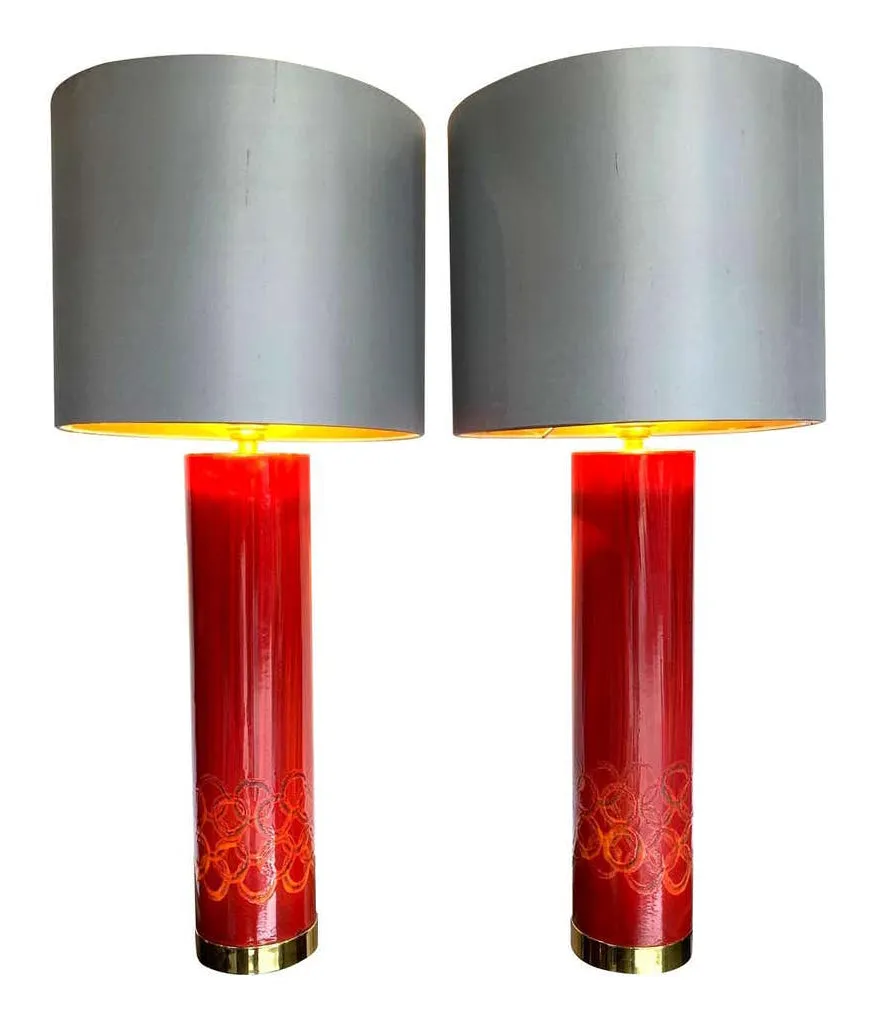 Lovely pair of Swedish red ceramic lamps brass fittings and new bespoke shades