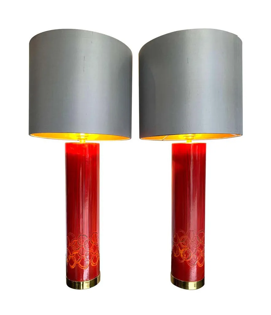 Lovely pair of Swedish red ceramic lamps brass fittings and new bespoke shades