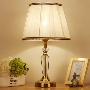 Minimalist Fabric Drum Nightstand Lamp - Single Head White Living Room Night Light with Crystal Decoration