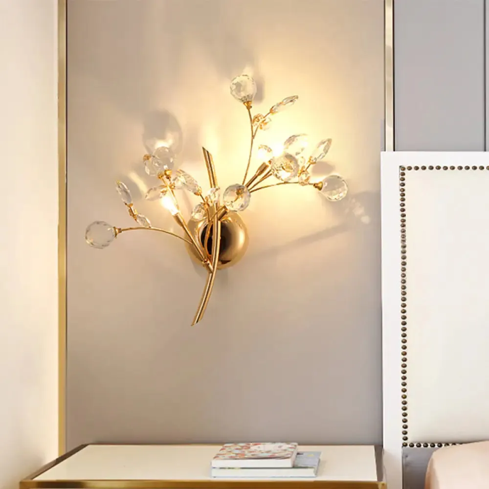 Modern Gold Beveled Crystal Wall Light with Branch Design - 2/3 Heads - Wall Mounted Fixture