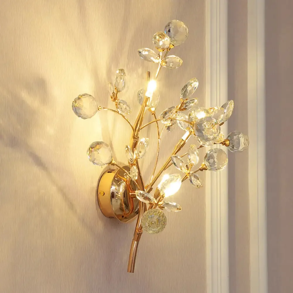 Modern Gold Beveled Crystal Wall Light with Branch Design - 2/3 Heads - Wall Mounted Fixture