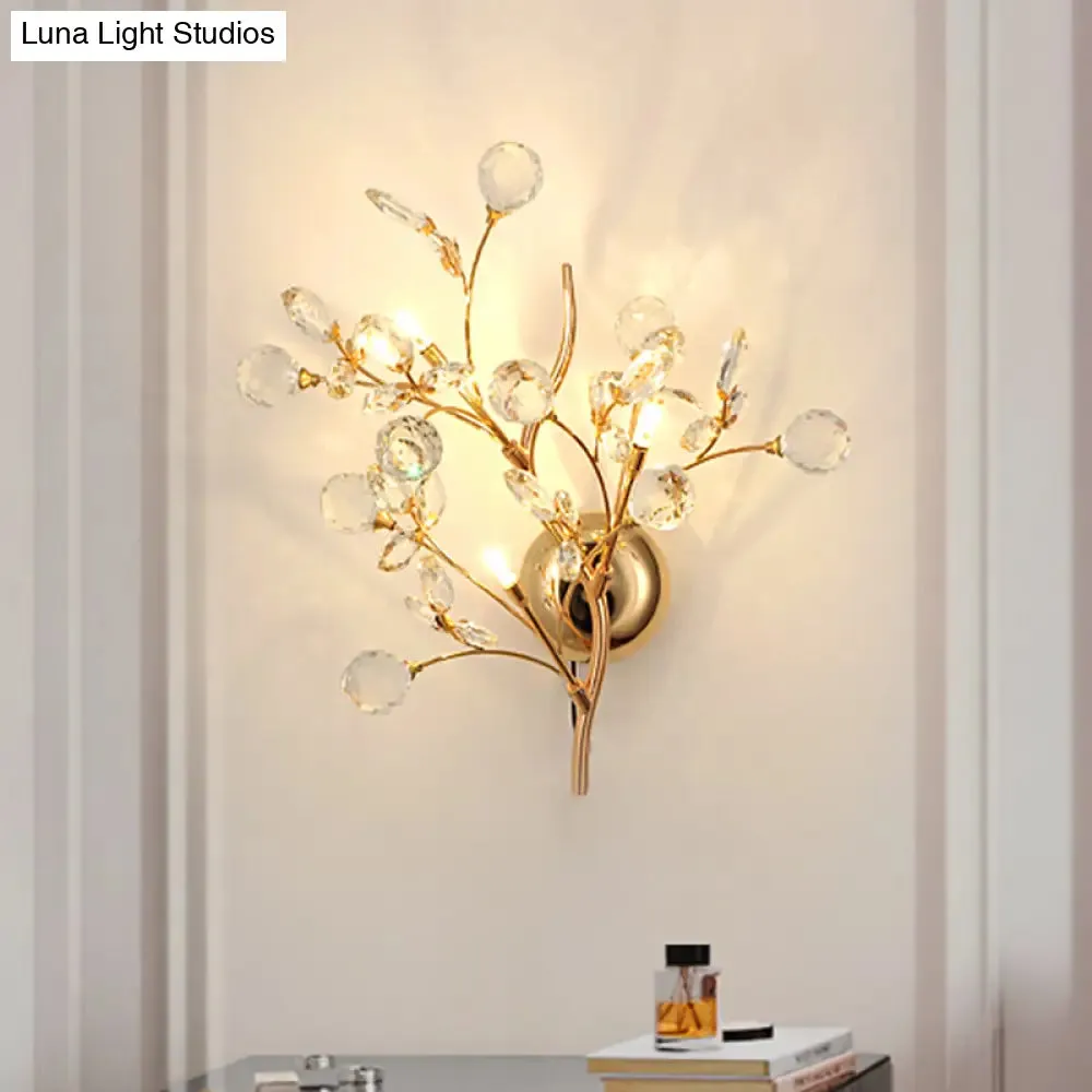 Modern Gold Beveled Crystal Wall Light with Branch Design - 2/3 Heads - Wall Mounted Fixture