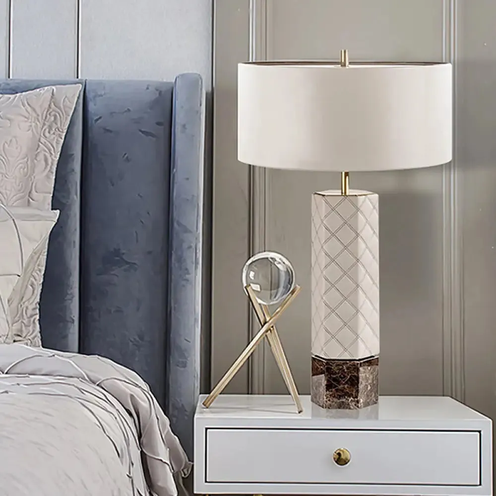 Modern White Bedroom Nightstand Lamp - 1 Head Task Lighting with Fabric Shade