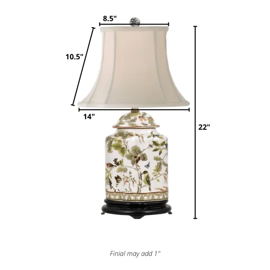 Porcelain Birds & Leaves Scalloped Tea Jar Table Lamp