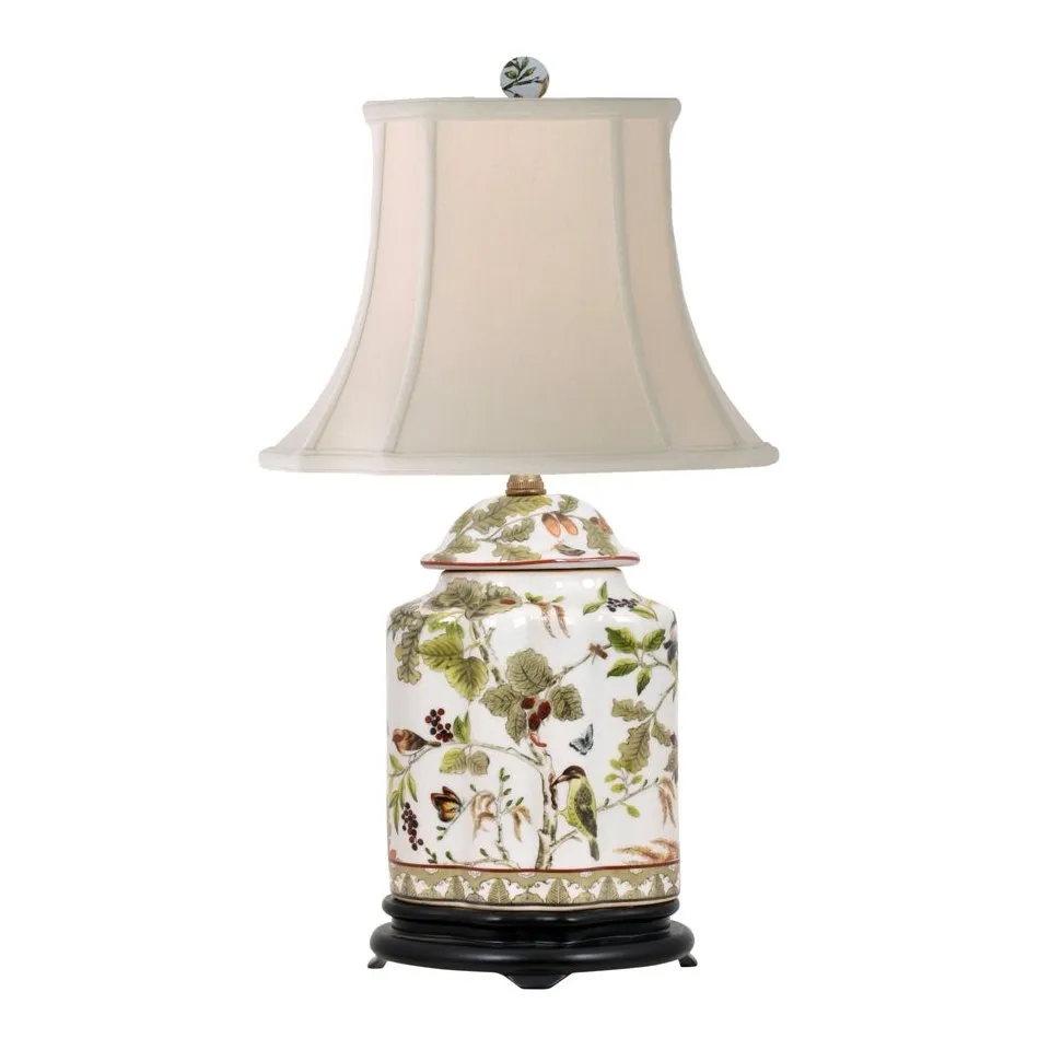 Porcelain Birds & Leaves Scalloped Tea Jar Table Lamp