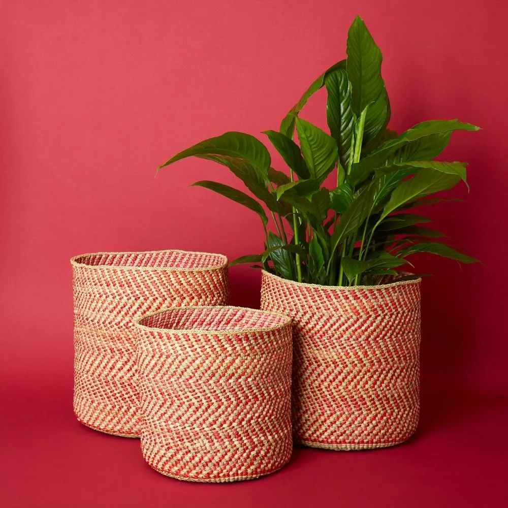 Red Iringa Basket Indoor Planter Toy Storage Woven Set