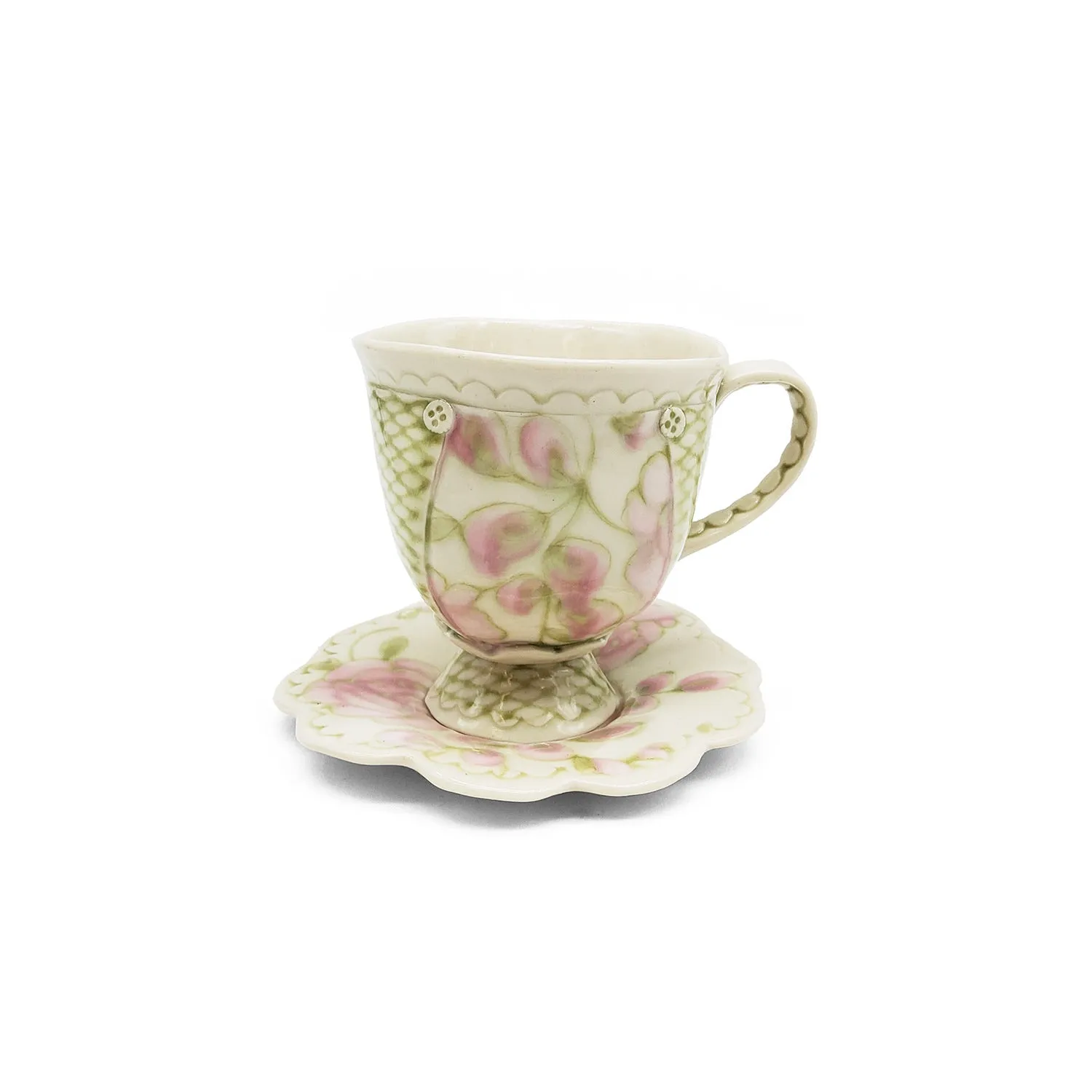 Rose and Green Teacup and Saucer