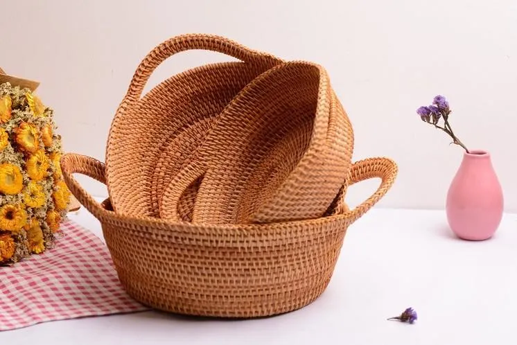 Round Storage Baskets, Storage Baskets for Shelves, Rattan Storage Basket, Woven Storage Basket for Kitchen, Set of 3