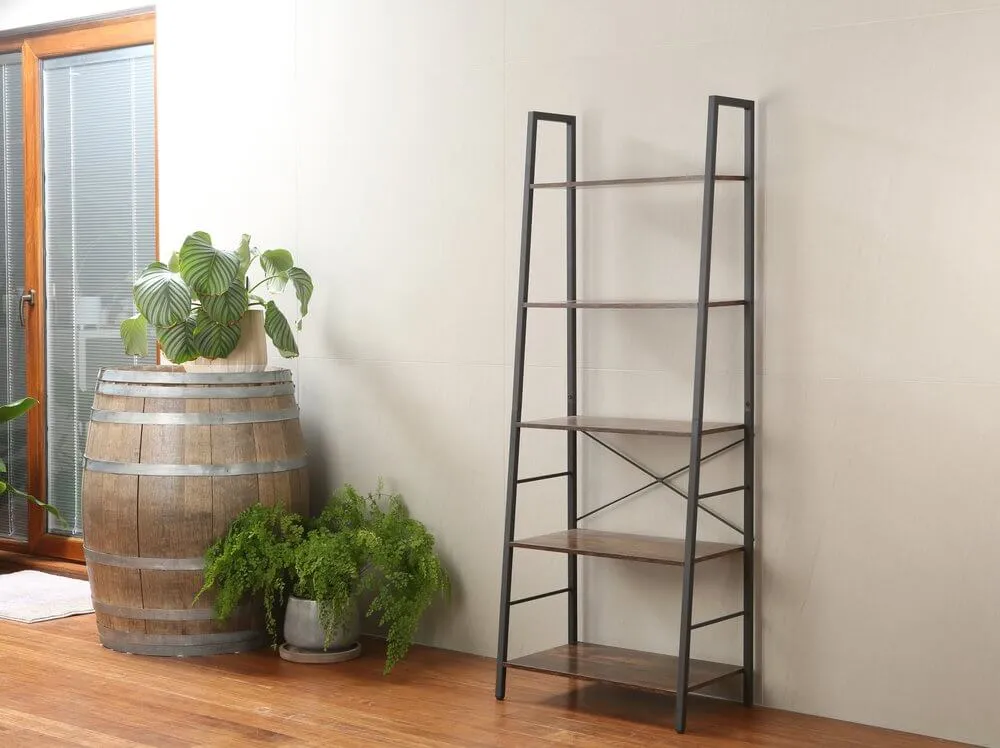 Rustic 5 Tier Shelf Unit Dark Wood & Matte Black