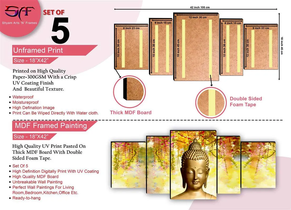 SAF paintings Set of 5 Buddha UV Textured Home Decorative Gift Item MDF Panel Painting 18 Inch X 42 Inch SANFPNL31221