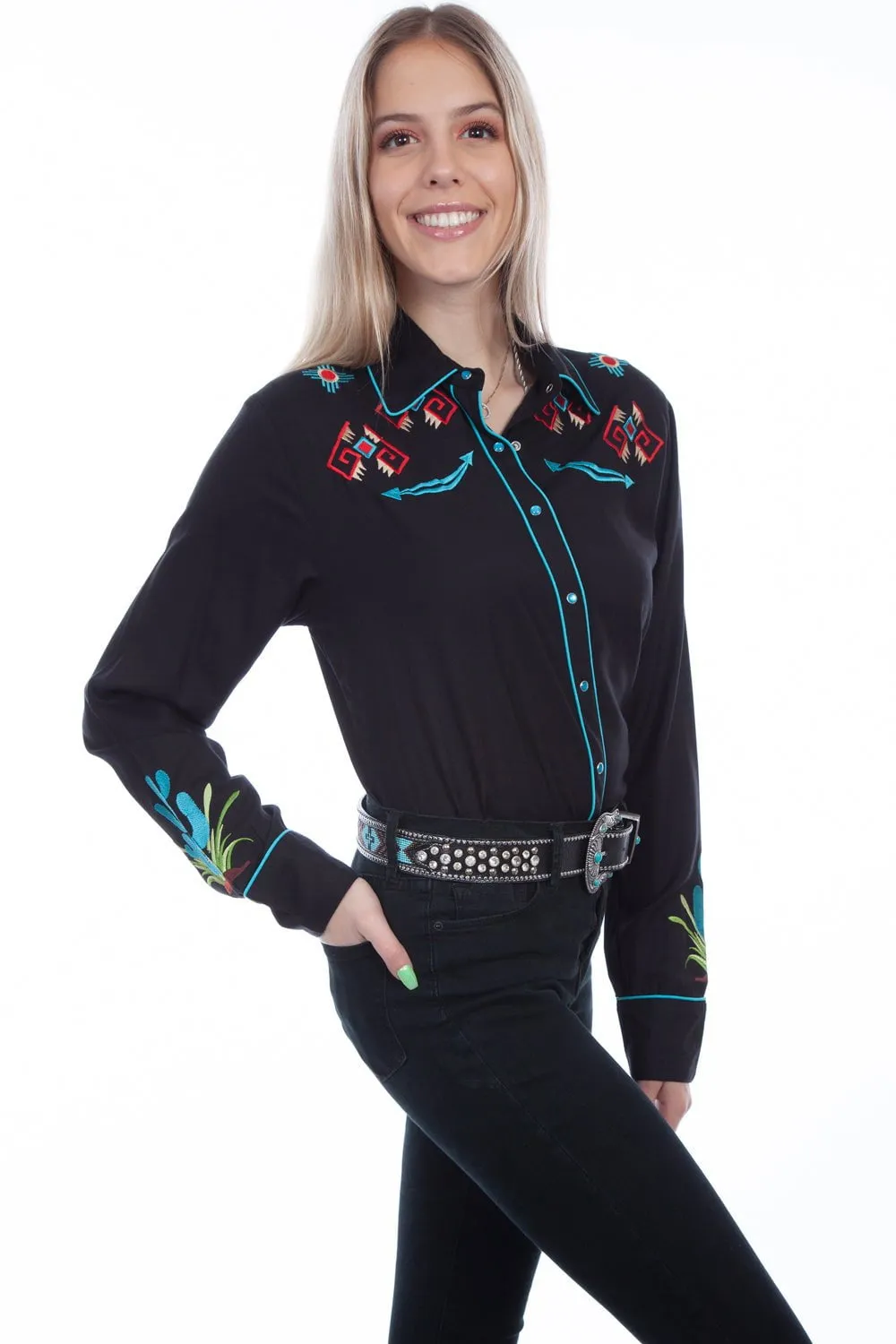 Scully Womens Black Viscose Southwest L/S Shirt