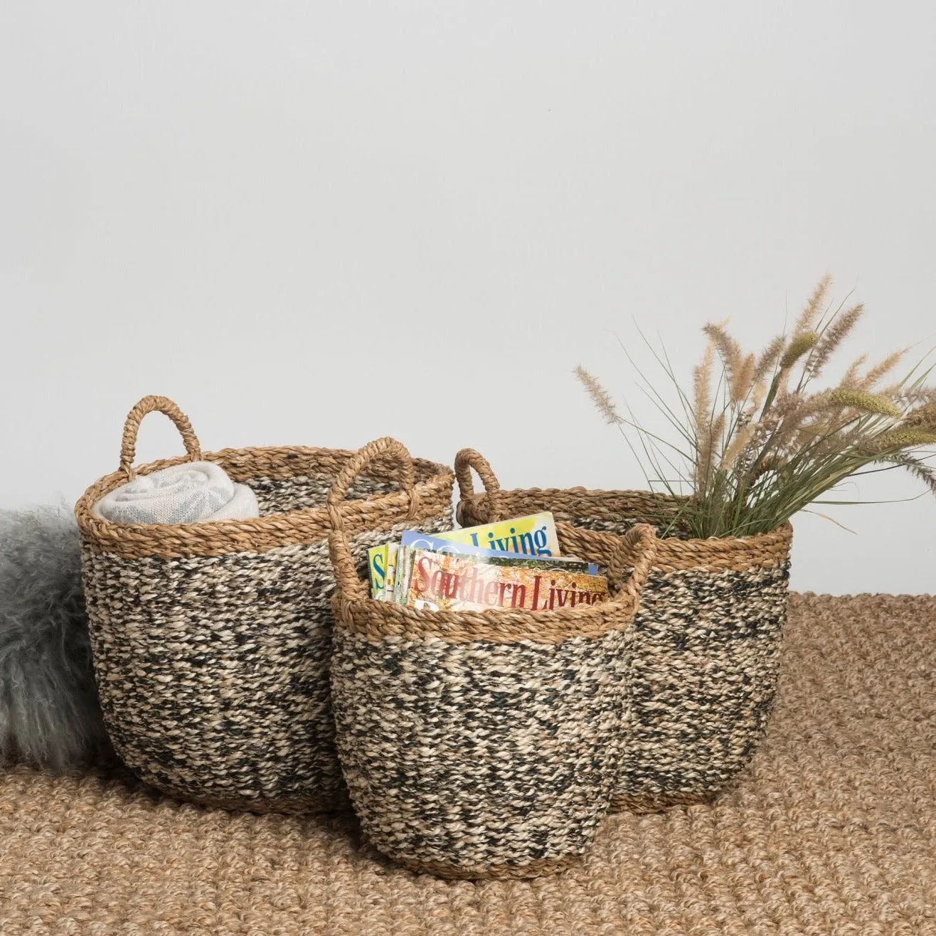 Set of 3 Ebony Handmade Grey Seagrass and Jute Storage Baskets & Planters with Handles