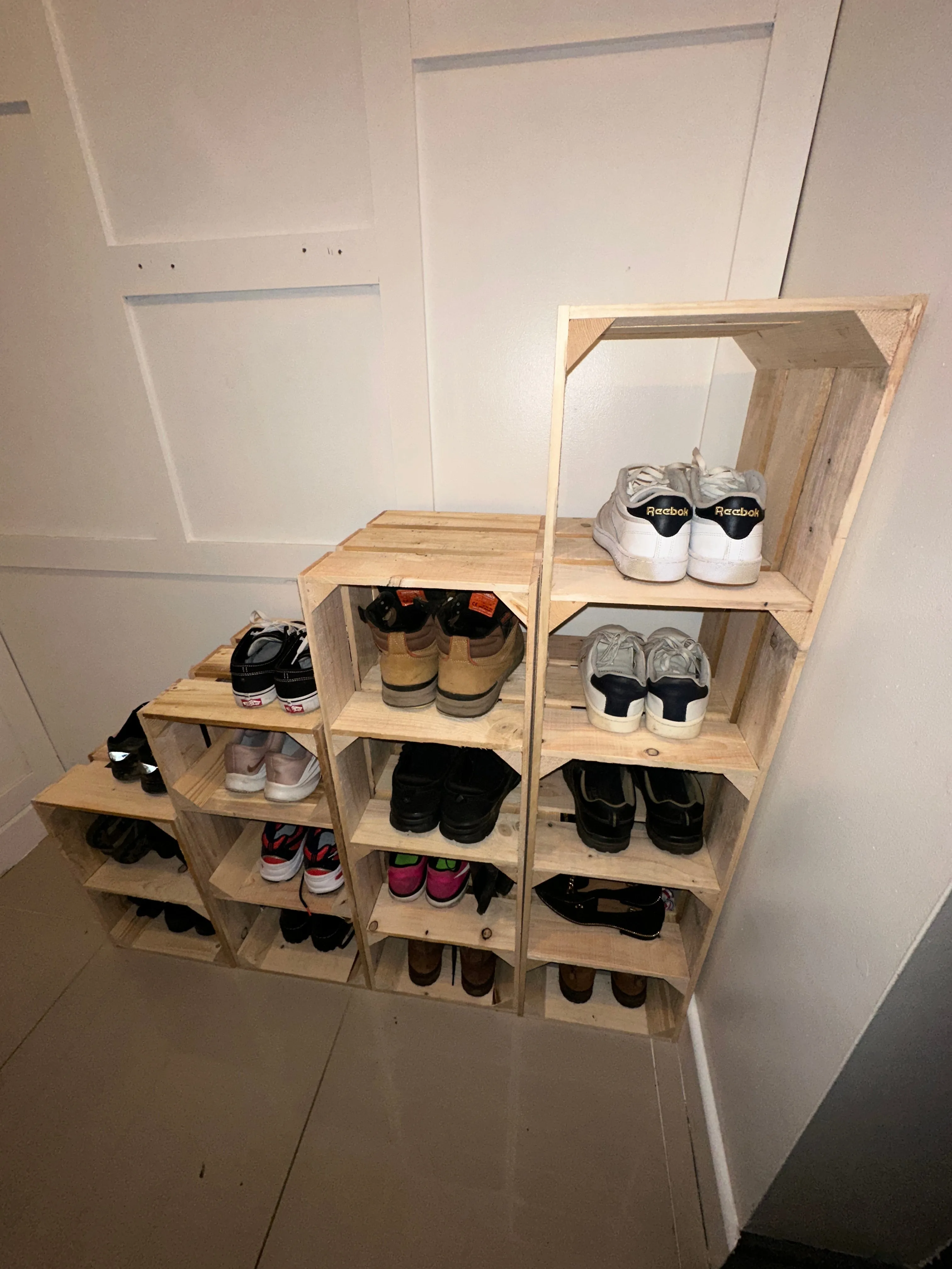 Tall SHOE RACK - wooden rustic Orange crate shoe rack