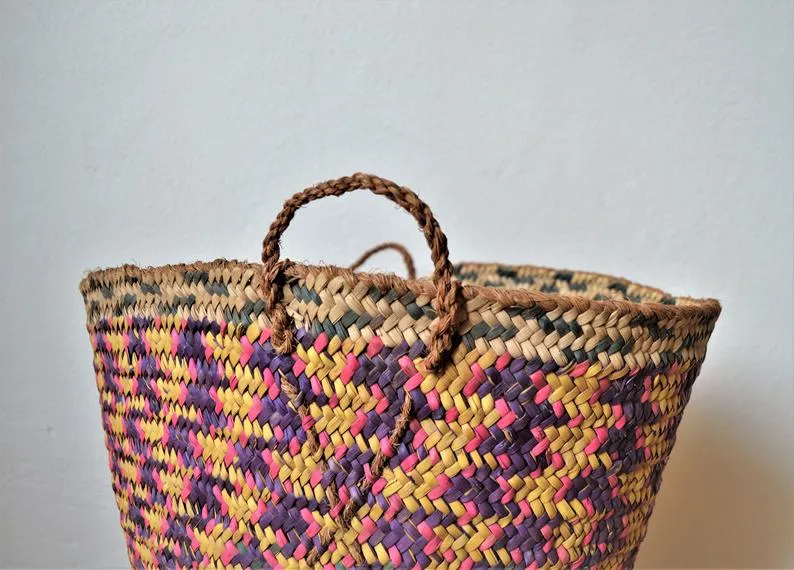 Vintage braided palm leaves basket, Big African basket