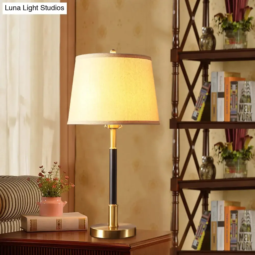 Vintage Brass Bedside Table Lamp with Single Bulb, Tapered Design and Fabric Shade