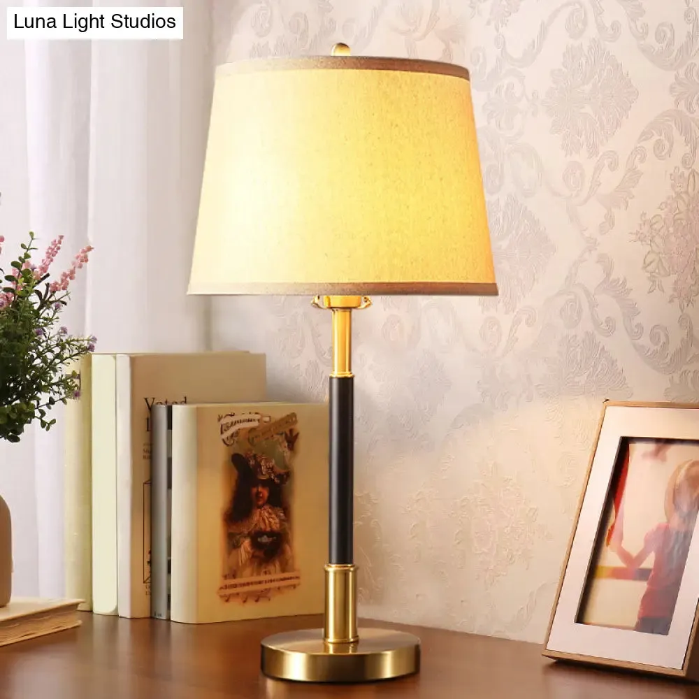 Vintage Brass Bedside Table Lamp with Single Bulb, Tapered Design and Fabric Shade