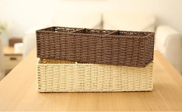 Woven Straw Storage basket with 3 Compartments, Wicker Storage Basket, Rectangle Storage Basket for Living Room