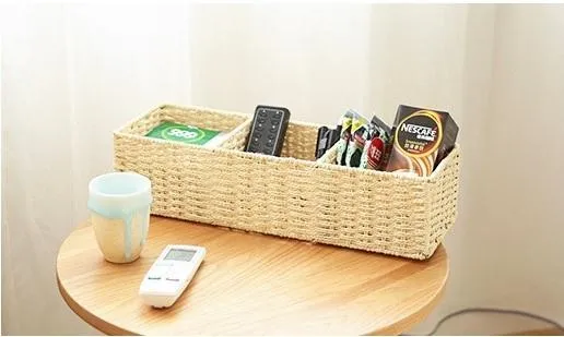 Woven Straw Storage basket with 3 Compartments, Wicker Storage Basket, Rectangle Storage Basket for Living Room